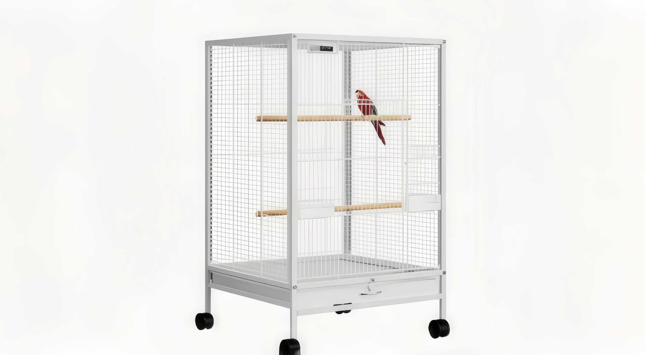 Stainless bird cage with wooden perches and a red bird inside