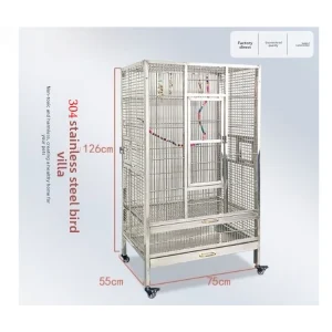 304 stainless steel bird cage with dimensions and colorful perches inside