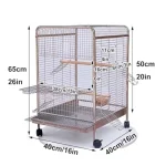 Stainless bird cage with dimensions and features displayed, including shelves and wheels.