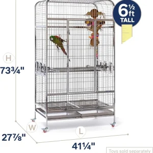Stainless bird cage with two colorful parrots perched inside, measuring 6.5 feet tall.