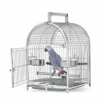 Stainless bird cage with a gray parrot perched inside, featuring feeding bowls.