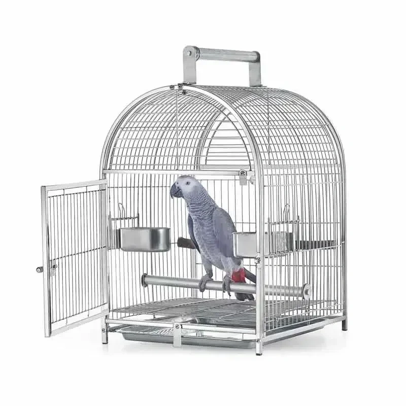 premium-stainlessbirdcage-for-outdoor-birds-banner-1 Stainless bird cage with a gray parrot perched inside, featuring feeding bowls.