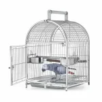 Stainless bird cage with a parrot perched inside and an open door
