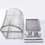 Stainless bird cage components including base, feeding bowls, and perch stick
