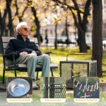 Elderly man enjoying time outdoors with stainless bird cage nearby