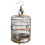 Elegant stainless bird cage with decorative floral design and wooden perches