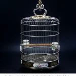 Elegant stainless bird cage with decorative elements and wooden perch inside