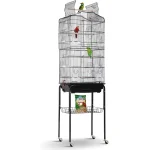 Stainless bird cage with colorful birds perched inside and food storage below